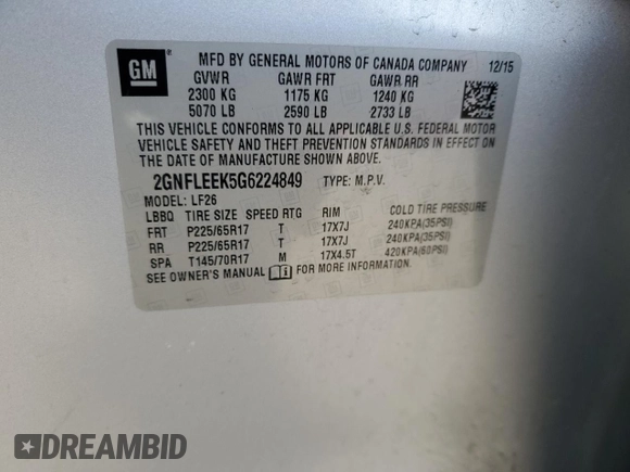 2016 Chevrolet Equinox LS with VIN 2GNFLEEK5G6224849, listed as a Copart auction lot 51519505 with Not Provided miles and Salvage Title. Bid and sale history available at DreamBid. Image 13.