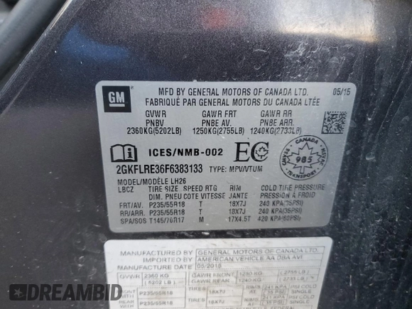 2015 GMC Terrain SLE with VIN 2GKFLRE36F6383133, listed as a Copart auction lot 82193784 with 131,842 mi miles and Salvage Title. Bid and sale history available at DreamBid. Image 15.