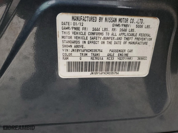 2012 Infiniti M37 with VIN JN1BY1APXCM335754, listed as a Copart auction lot 47566225 with 243994 miles and Salvage Title. Bid and sale history available at carsss.com. Image 12.
