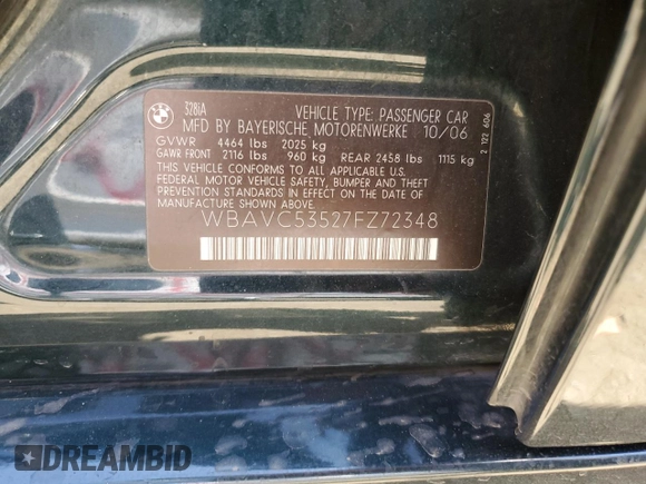 2007 BMW 3 Series 328i with VIN WBAVC53527FZ72348, listed as a Copart auction lot 57903415 with 150,413 mi miles and Salvage title. Bid and sale history available at DreamBid. Image 12.