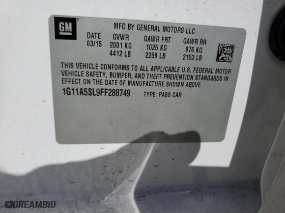 2015 Chevrolet Malibu LS with VIN 1G11A5SL9FF288749, listed as a Copart auction lot 43974285 with 0 mi miles and Clean Title. Bid and sale history available at carsss.com. Image 12.