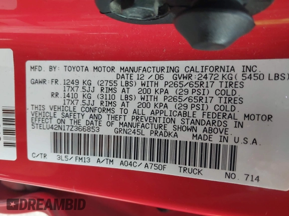 2007 Toyota Tacoma with VIN 5TELU42N17Z366853, listed as a IAAI auction lot 41937578 with 309,953 mi miles and . Bid and sale history available at DreamBid. Image 9.