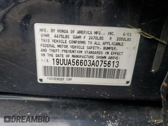 2003 Acura TL with VIN 19UUA56603A075613, listed as a Copart auction lot 73479814 with 0 mi miles and Salvage Title. Bid and sale history available at carsss.com. Image 12.