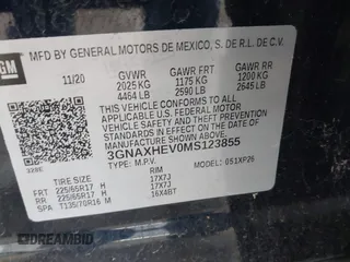 2021 Chevrolet Equinox LS with VIN 3GNAXHEV0MS123855, listed as a IAAI auction lot 42363296 with 32,810 mi miles and . Bid and sale history available at DreamBid. Image 9.