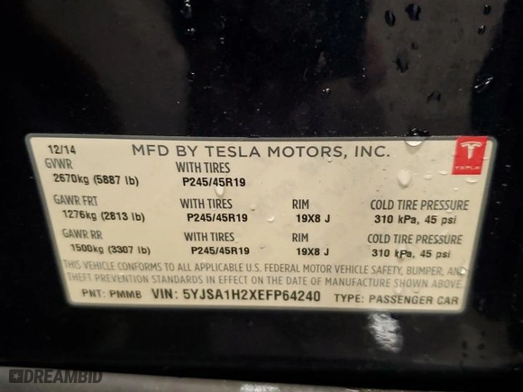 2014 Tesla Model S P85D with VIN 5YJSA1H2XEFP64240, listed as a Copart auction lot 44337455 with 107,190 mi miles and Salvage Title. Bid and sale history available at carsss.com. Image 14.