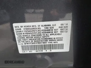 2015 Honda Pilot Touring with VIN 5FNYF3H91FB011847, listed as a IAAI auction lot 41841293 with 99,431 mi miles. Bid and sale history available at carsss.com. Image 9.