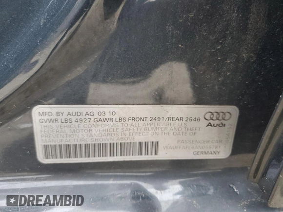 2010 Audi A4 Premium Plus с VIN WAUFFAFL6AN055781, выставлен на аукционе Copart как лот 57064365 с пробегом 107 622 миль миль и Чистый • Clean title. История ставок и продаж доступна на DreamBid. Изображение 12.