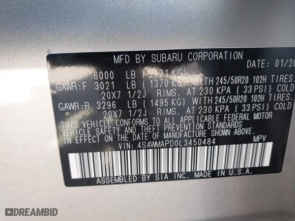 2020 Subaru Ascent Limited with VIN 4S4WMAPD0L3450484, listed as a IAAI auction lot 42019072 with 14,919 mi miles. Bid and sale history available at carsss.com. Image 9.