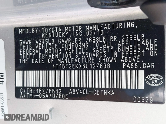 2011 Toyota Camry LE with VIN 4T1BF3EKXBU127638, listed as a IAAI auction lot 42131788 with 52,592 mi miles. Bid and sale history available at carsss.com. Image 9.