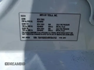 2024 Tesla Model Y Long Range with VIN 7SAYGDEE4RF054753, listed as a Copart auction lot 57989375 with 21,394 mi miles and Salvage title. Bid and sale history available at DreamBid. Image 13.