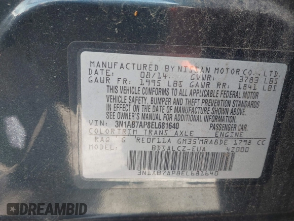 2014 Nissan Sentra SR with VIN 3N1AB7AP8EL681640, listed as a IAAI auction lot 42705806 with 148,208 mi miles and . Bid and sale history available at DreamBid. Image 9.