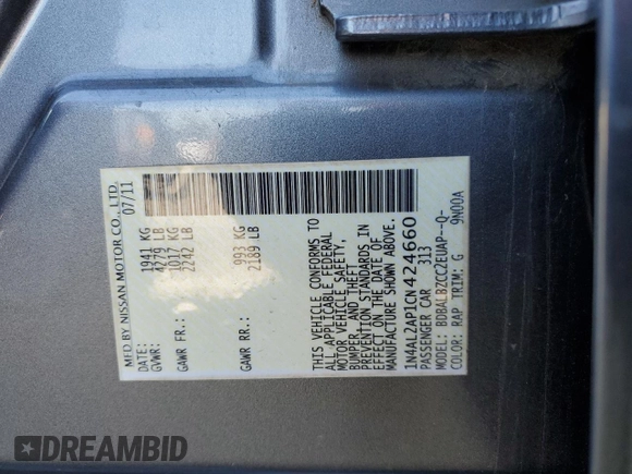 2012 Nissan Altima S with VIN 1N4AL2AP1CN424660, listed as a Copart auction lot 52919995 with 124,334 mi miles and Salvage Title. Bid and sale history available at DreamBid. Image 12.