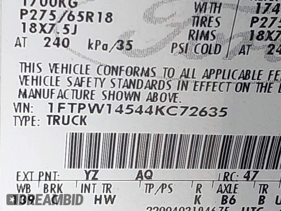 2004 Ford F-150 XLT with VIN 1FTPW14544KC72635, listed as a IAAI auction lot 42016190 with 212,694 mi miles. Bid and sale history available at carsss.com. Image 9.