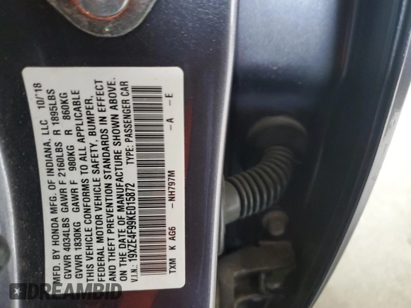 2019 Honda Insight Touring with VIN 19XZE4F99KE015872, listed as a Copart auction lot 61152565 with Not provided miles and Salvage title. Bid and sale history available at DreamBid. Image 12.