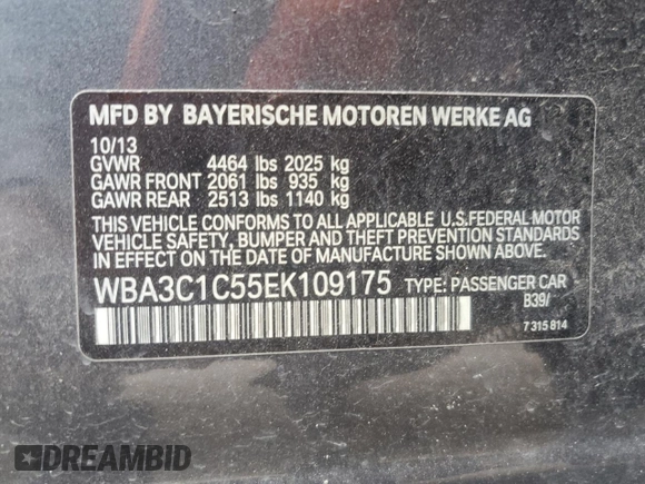2014 BMW 3 Series 328i with VIN WBA3C1C55EK109175, listed as a Copart auction lot 60646514 with 143,347 mi miles and Salvage title. Bid and sale history available at DreamBid. Image 12.