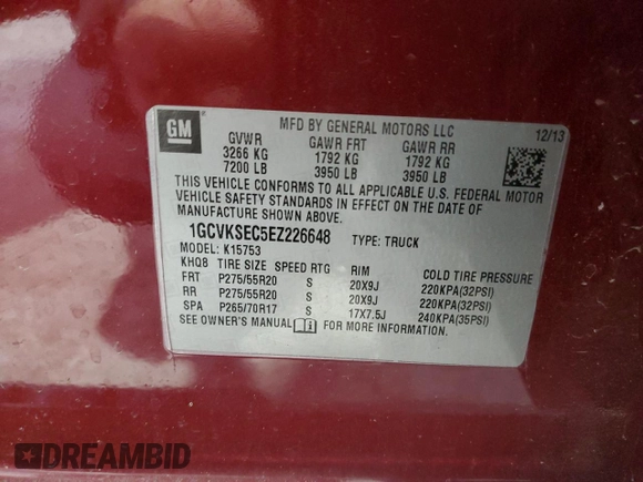 2014 Chevrolet Silverado 1500 LTZ with VIN 1GCVKSEC5EZ226648, listed as a Copart auction lot 88331005 with 156,307 mi miles and Salvage Title. Bid and sale history available at DreamBid. Image 12.