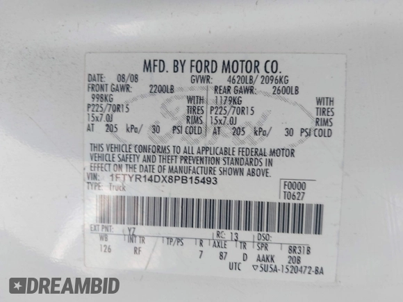 2008 Ford Ranger XL with VIN 1FTYR14DX8PB15493, listed as a IAAI auction lot 42678051 with 167,103 mi miles and . Bid and sale history available at DreamBid. Image 9.