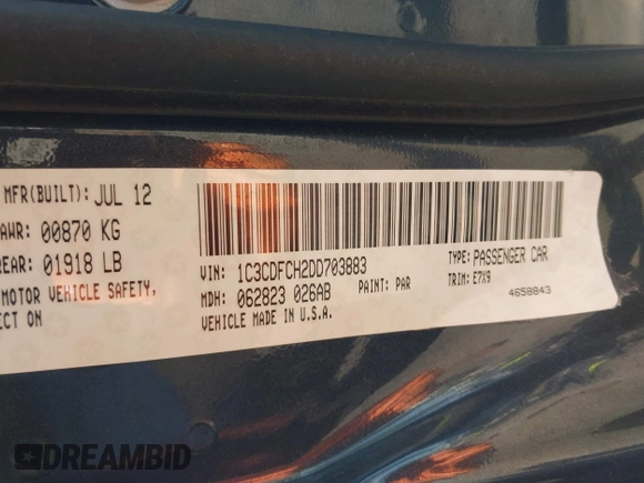 2013 Dodge Dart Limited with VIN 1C3CDFCH2DD703883, listed as a IAAI auction lot 42517457 with 102,290 mi miles and . Bid and sale history available at DreamBid. Image 9.