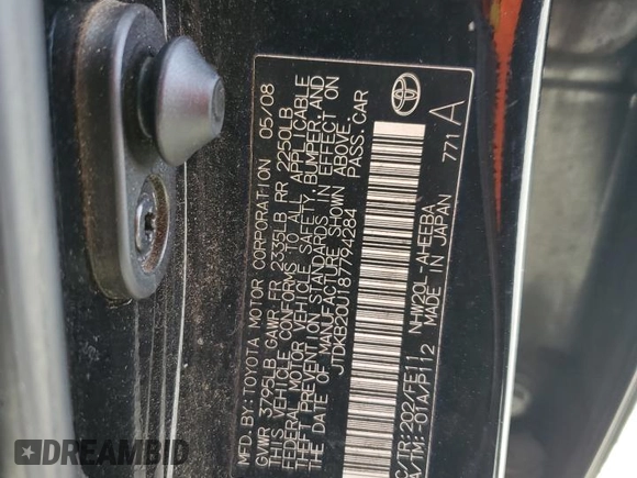2008 Toyota Prius with VIN JTDKB20U187794284, listed as a Copart auction lot 49615815 with 217,015 mi miles and Clean Title. Bid and sale history available at DreamBid. Image 12.