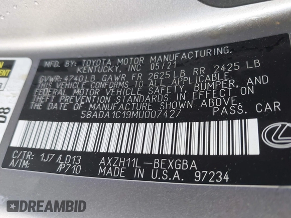2021 Lexus ES 300h with VIN 58ADA1C19MU007427, listed as a IAAI auction lot 42683609 with Not provided miles and . Bid and sale history available at DreamBid. Image 9.