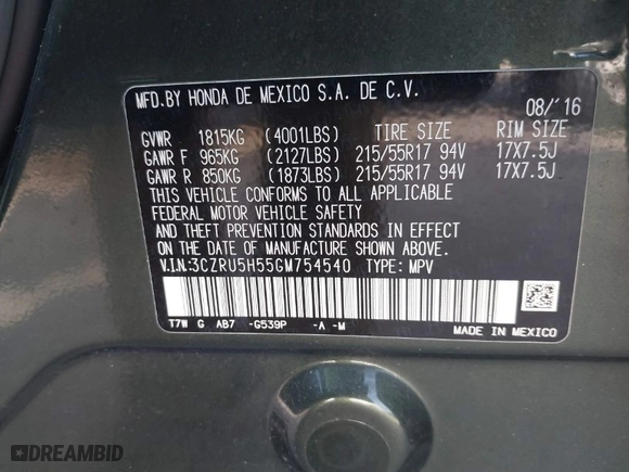 2016 Honda HR-V EX with VIN 3CZRU5H55GM754540, listed as a IAAI auction lot 41856545 with 26,471 mi miles. Bid and sale history available at carsss.com. Image 9.