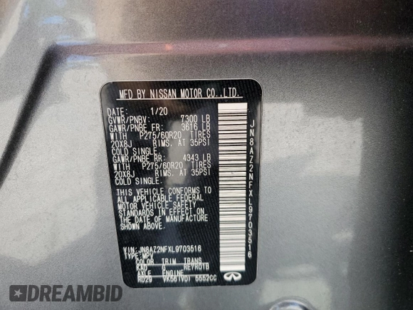2020 Infiniti QX80 Luxe z VIN JN8AZ2NFXL9703516, wystawiony jako Copart lot #56106045 z przebiegiem 105 257 mil mil oraz Szkoda całkowita • Salvage title. Historia ofert i sprzedaży dostępna na DreamBid. Obrazek 14.
