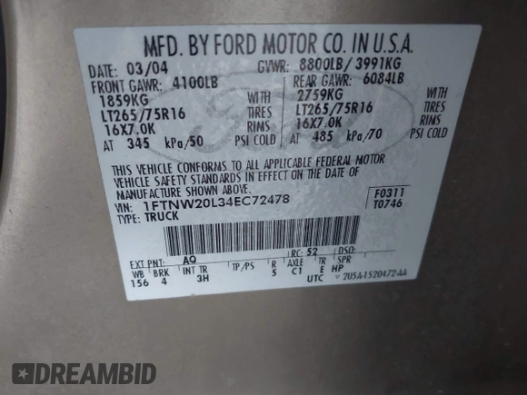 2004 Ford F-250 XL z VIN 1FTNW20L34EC72478, wystawiony jako IAAI lot #41435891 z przebiegiem 136 275 mil mil oraz . Historia ofert i sprzedaży dostępna na DreamBid. Obrazek 9.
