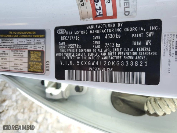 2019 Kia Optima SX with VIN 5XXGW4L20KG333821, listed as a Copart auction lot 85723334 with 35,021 mi miles and Salvage Title. Bid and sale history available at carsss.com. Image 12.