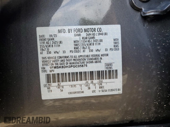 2023 Ford Explorer XLT с VIN 1FMSK8DH3PGC05875, выставлен на аукционе Copart как лот 62849355 с пробегом Не указан миль и На запчасти • Non repairable. История ставок и продаж доступна на DreamBid. Изображение 13.