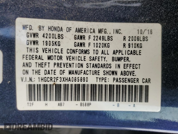 2017 Honda Accord Sedan LX with VIN 1HGCR2F3XHA085890, listed as a Copart auction lot 49334175 with 78,249 mi miles and Salvage Title. Bid and sale history available at carsss.com. Image 15.