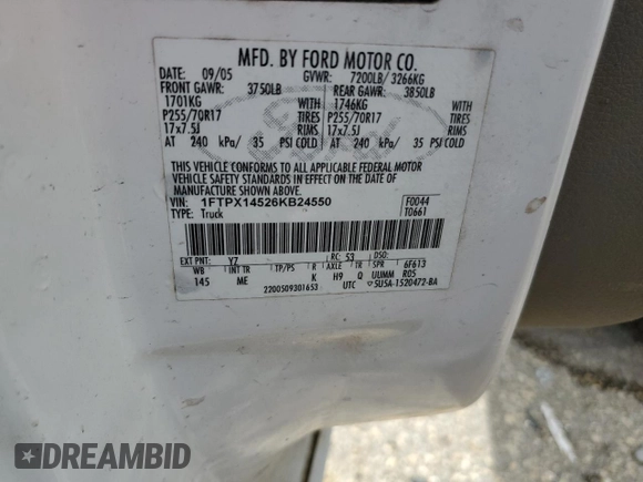 2006 Ford F-150 XLT with VIN 1FTPX14526KB24550, listed as a Copart auction lot 59980785 with Not provided miles and Salvage title. Bid and sale history available at DreamBid. Image 12.