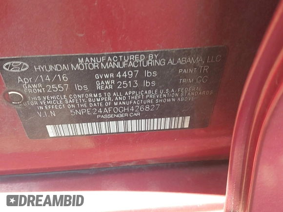 2016 Hyundai Sonata SE with VIN 5NPE24AF0GH426827, listed as a IAAI auction lot 42163411 with 120,294 mi miles and . Bid and sale history available at carsss.com. Image 9.
