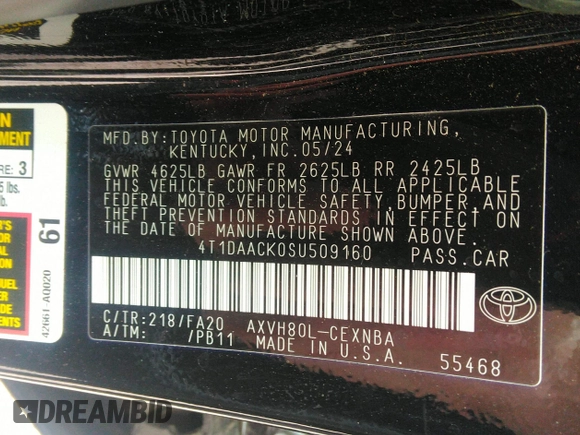 2025 Toyota Camry LE with VIN 4T1DAACK0SU509160, listed as a IAAI auction lot 42141098 with 17,028 mi miles and . Bid and sale history available at DreamBid. Image 9.