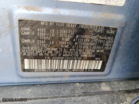 2010 Subaru Outback Prem All-Weather/HK Aud with VIN 4S4BRBFC0A3338764, listed as a Copart auction lot 41420725 with 181,097 mi miles and Salvage Title. Bid and sale history available at carsss.com. Image 13.