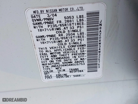 2004 Nissan Murano SE with VIN JN8AZ08W34W325753, listed as a IAAI auction lot 38803537 with 1 mi miles. Bid and sale history available at carsss.com. Image 9.