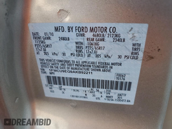 2010 Ford Escape Limited with VIN 1FMCU9EG9AKB92211, listed as a Copart auction lot 64062905 with 180,721 mi miles and Salvage title. Bid and sale history available at DreamBid. Image 14.