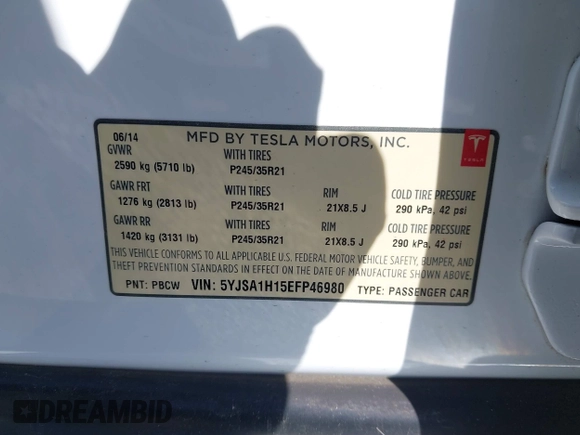 2014 Tesla Model S 60 with VIN 5YJSA1H15EFP46980, listed as a IAAI auction lot 41583672 with 61,080 mi miles and . Bid and sale history available at DreamBid. Image 8.