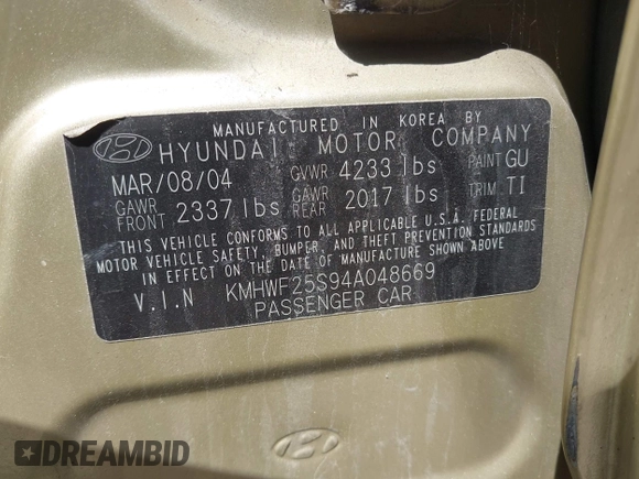 2004 Hyundai Sonata with VIN KMHWF25S94A048669, listed as a IAAI auction lot 42109535 with 157,687 mi miles. Bid and sale history available at carsss.com. Image 9.