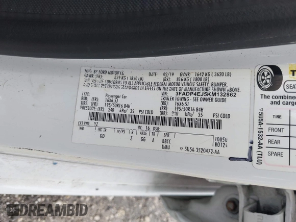2019 Ford Fiesta SE z VIN 3FADP4EJ5KM132862, wystawiony jako IAAI lot #40893430 z przebiegiem 91 011 mil mil oraz . Historia ofert i sprzedaży dostępna na DreamBid. Obrazek 9.