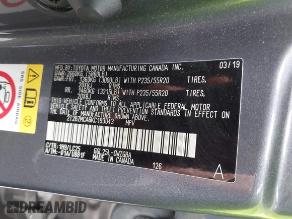 2019 Lexus RX 350 with VIN 2T2BZMCA6KC193043, listed as a IAAI auction lot 42164680 with Not Provided miles and . Bid and sale history available at DreamBid. Image 9.