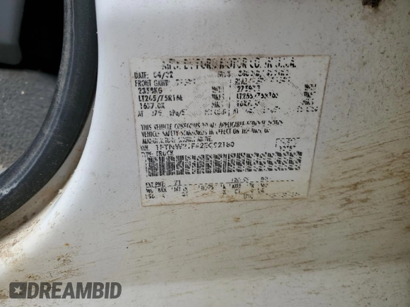 2002 Ford F-250 XL с VIN 1FTNW21F42EC92180, выставлен на аукционе Copart как лот 53642825 с пробегом 150 545 миль миль и Чистый • Clean title. История ставок и продаж доступна на DreamBid. Изображение 12.