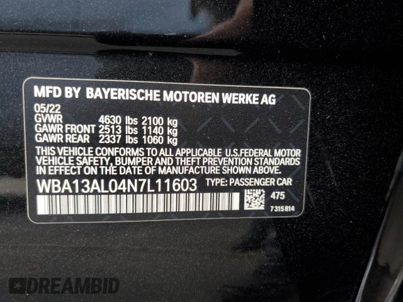 2022 BMW 2 Series M235i xDrive with VIN WBA13AL04N7L11603, listed as a Copart auction lot 67852563 with 5,828 mi miles. Bid and sale history available at carsss.com. Image 12.