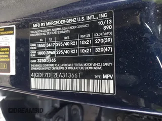 2014 Mercedes-Benz GL-Class GL 550 with VIN 4JGDF7DE2EA313661, listed as a IAAI auction lot 41214931 with 102,469 mi miles. Bid and sale history available at carsss.com. Image 9.