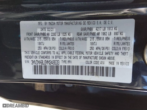 2021 Mazda CX-30 Select with VIN 3MVDMABL6MM248533, listed as a IAAI auction lot 41410489 with 82,365 mi miles. Bid and sale history available at carsss.com. Image 9.