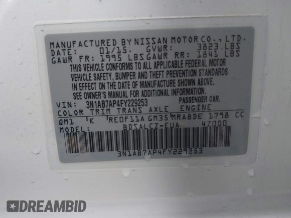 2015 Nissan Sentra S with VIN 3N1AB7AP4FY229253, listed as a IAAI auction lot 42046967 with 63,993 mi miles. Bid and sale history available at carsss.com. Image 9.