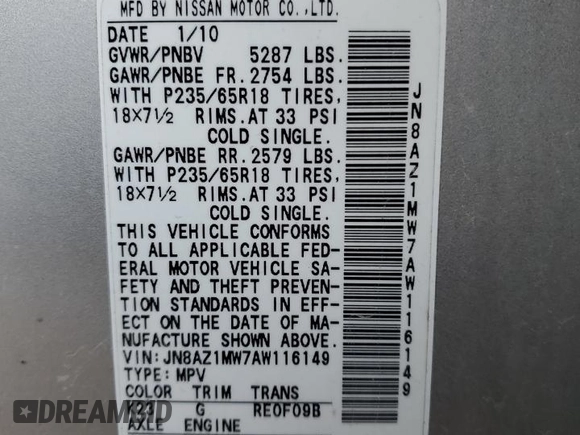 2010 Nissan Murano SL with VIN JN8AZ1MW7AW116149, listed as a Copart auction lot 42044185 with 0 mi miles and Non Repairable. Bid and sale history available at carsss.com. Image 13.