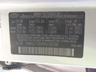 2009 Hyundai Santa Fe GLS with VIN 5NMSG13D49H236396, listed as a IAAI auction lot 41854724 with 247,578 mi miles. Bid and sale history available at carsss.com. Image 9.