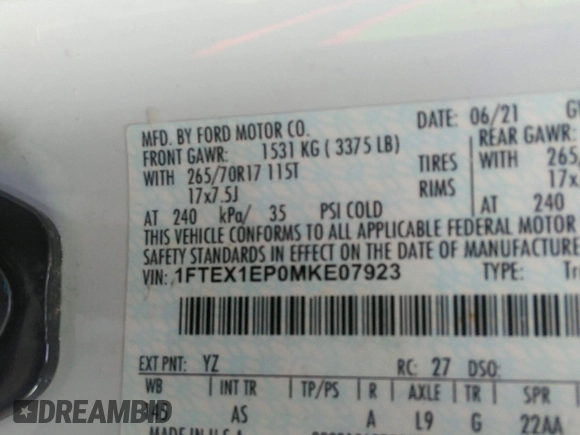 2021 Ford F-150 XL with VIN 1FTEX1EP0MKE07923, listed as a IAAI auction lot 41726506 with 99,518 mi miles and . Bid and sale history available at DreamBid. Image 9.