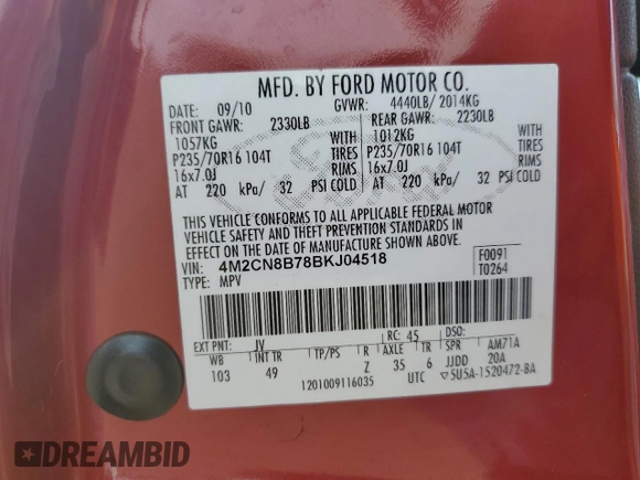 2011 Mercury Mariner с VIN 4M2CN8B78BKJ04518, выставлен на аукционе Copart как лот 78152884 с пробегом 195 558 миль миль и Списание • Salvage title. История ставок и продаж доступна на DreamBid. Изображение 13.