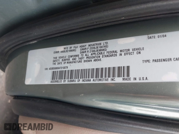 2004 Subaru Legacy Outback Limited with VIN 4S3BE686947210079, listed as a IAAI auction lot 41706210 with 206,340 mi miles and . Bid and sale history available at DreamBid. Image 9.